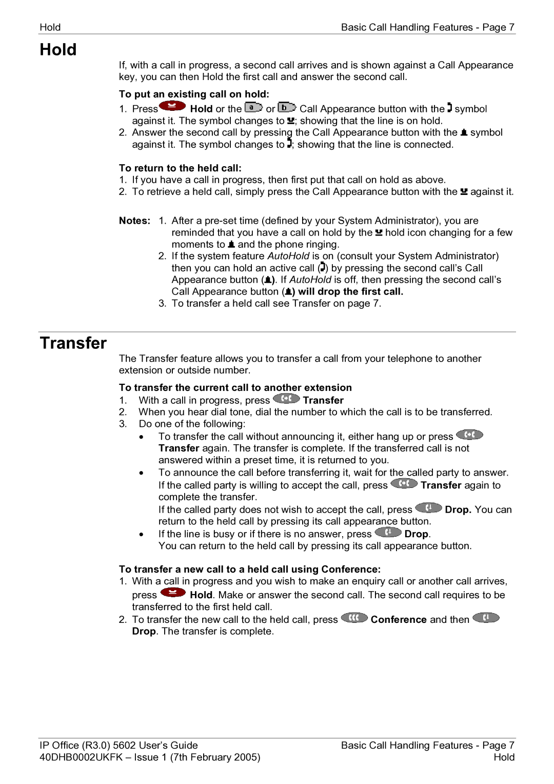 Avaya 40DHB0002UKFK manual Hold, Transfer 