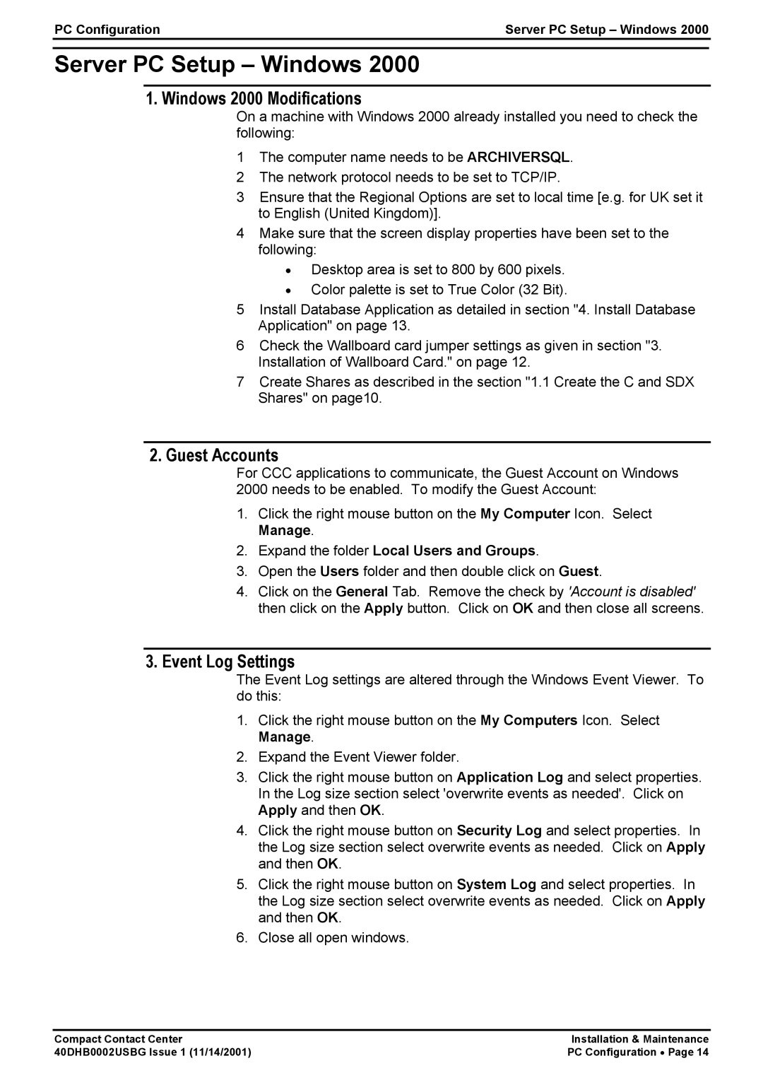 Avaya 40DHB0002USBG manual Server PC Setup Windows, Windows 2000 Modifications, Guest Accounts, Event Log Settings 