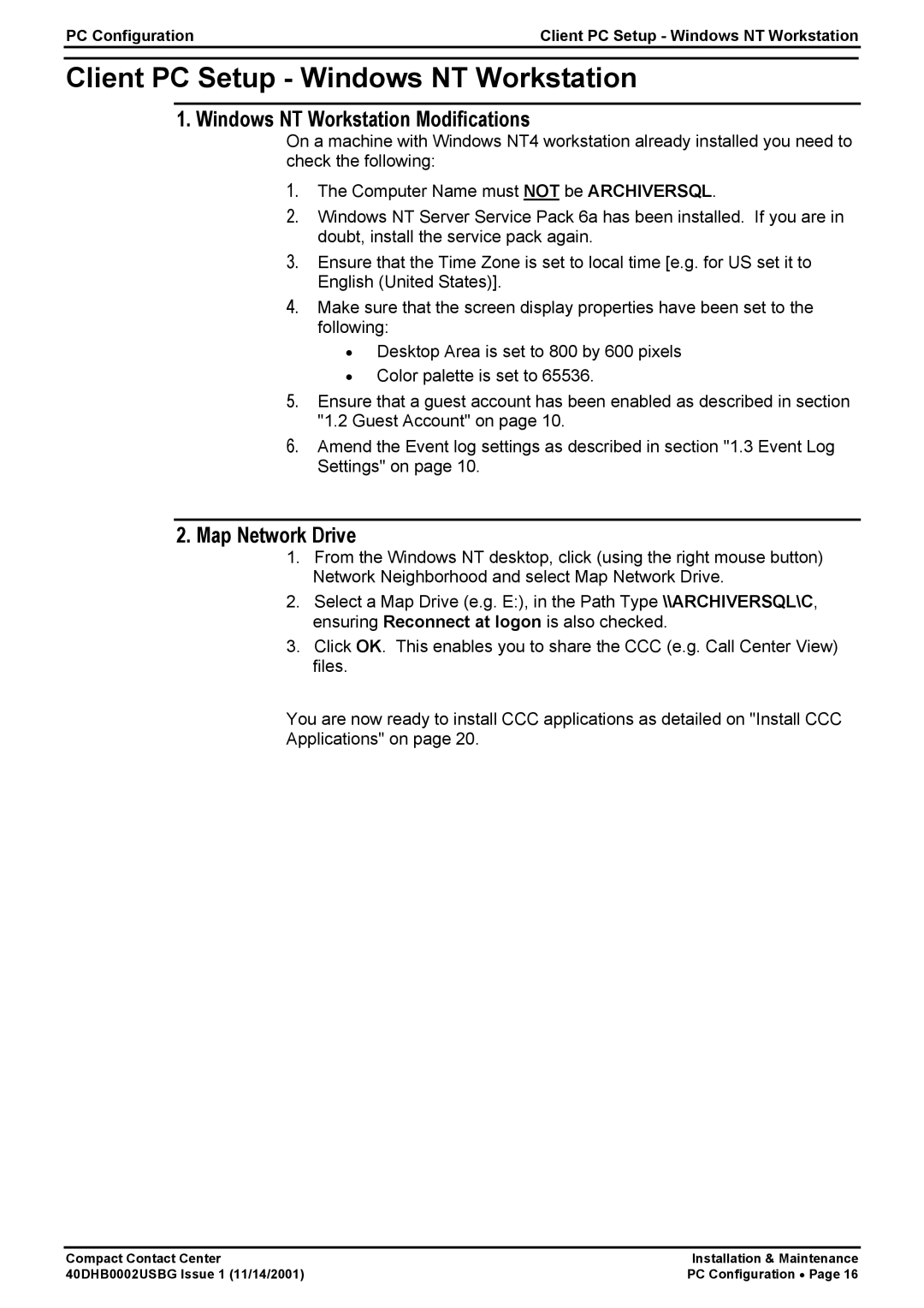 Avaya 40DHB0002USBG manual Client PC Setup Windows NT Workstation, Windows NT Workstation Modifications, Map Network Drive 
