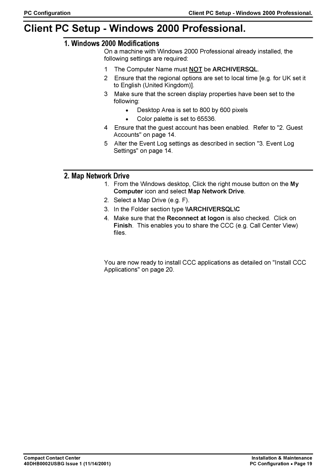 Avaya 40DHB0002USBG manual Client PC Setup Windows 2000 Professional, Windows 2000 Modifications 