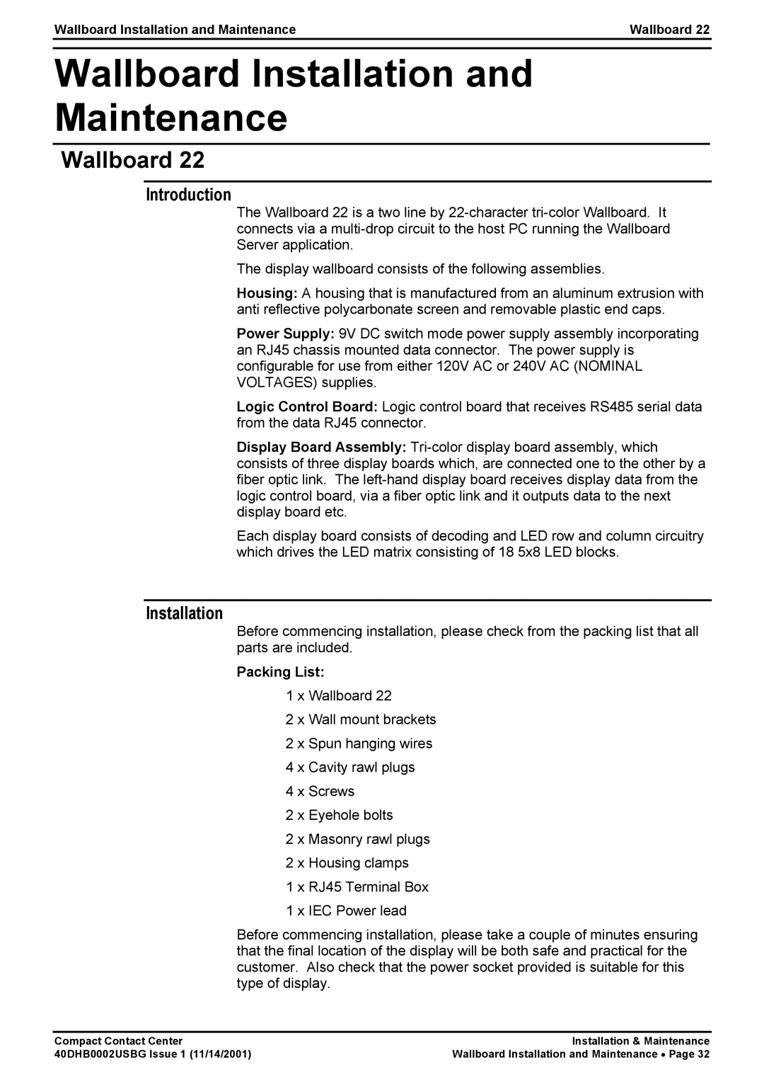 Avaya 40DHB0002USBG manual Wallboard Installation Maintenance, Introduction, Packing List 