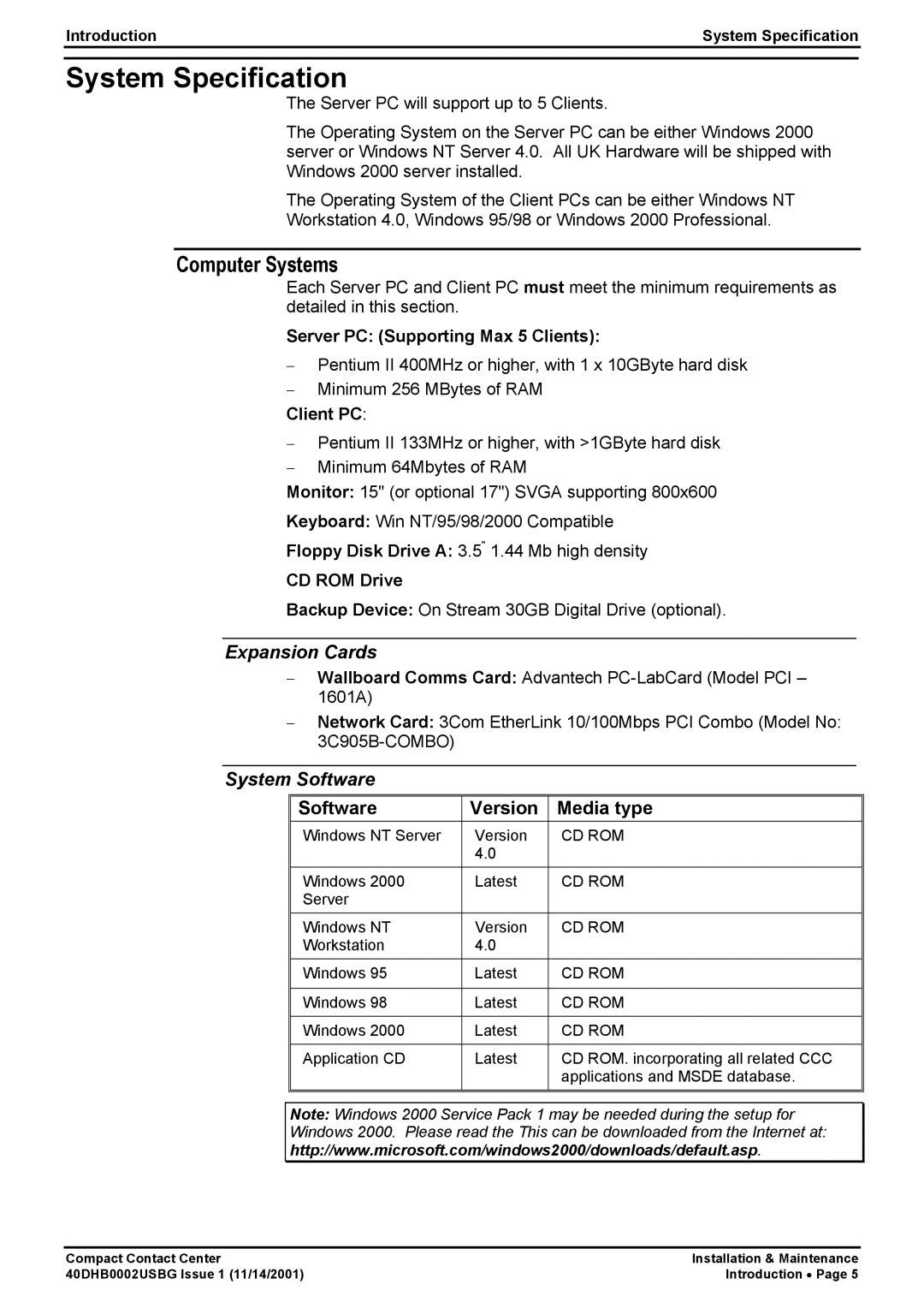 Avaya 40DHB0002USBG manual System Specification, Computer Systems, Expansion Cards, System Software 