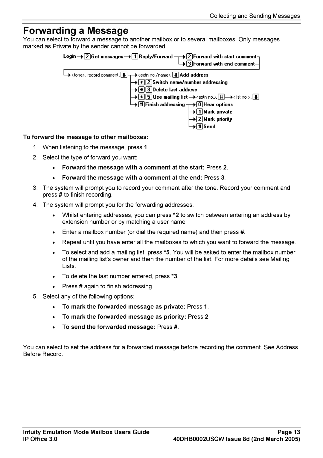 Avaya 40DHB0002USCW manual Forwarding a Message, To forward the message to other mailboxes 