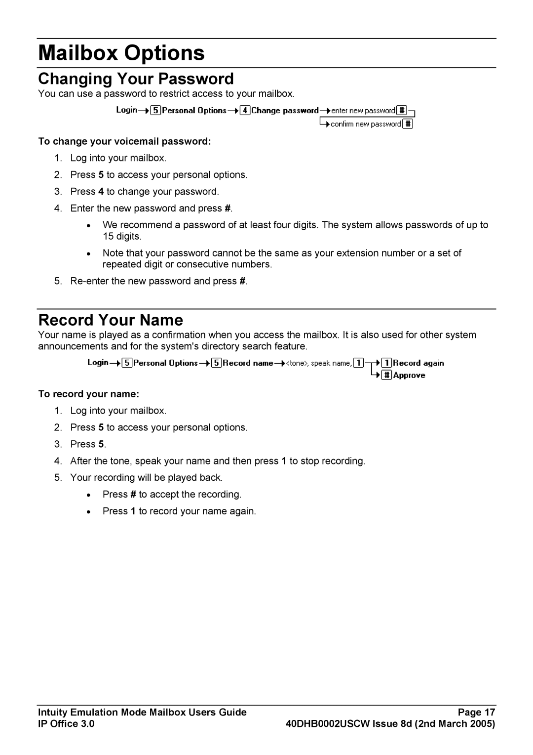 Avaya 40DHB0002USCW manual Mailbox Options, Changing Your Password, Record Your Name, To change your voicemail password 