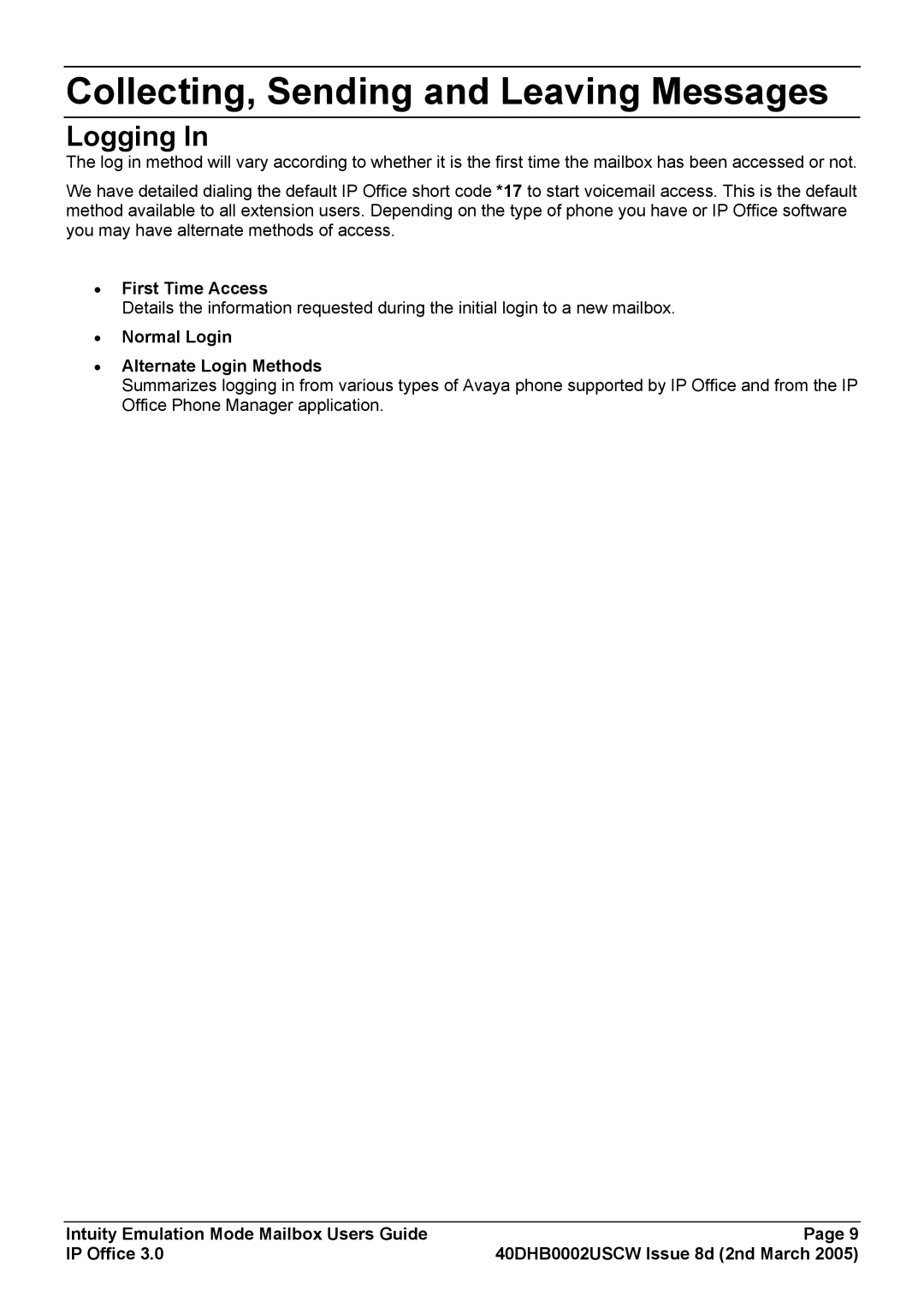 Avaya 40DHB0002USCW manual Collecting, Sending and Leaving Messages, Normal Login Alternate Login Methods 
