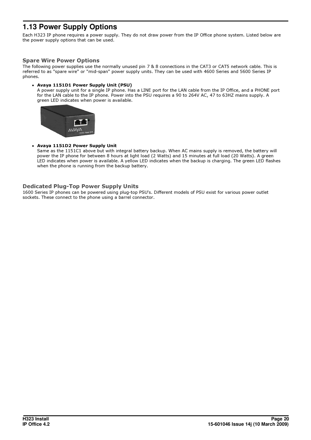 Avaya 4.2 manual Power Supply Options, Spare Wire Power Options, Dedicated Plug-Top Power Supply Units 