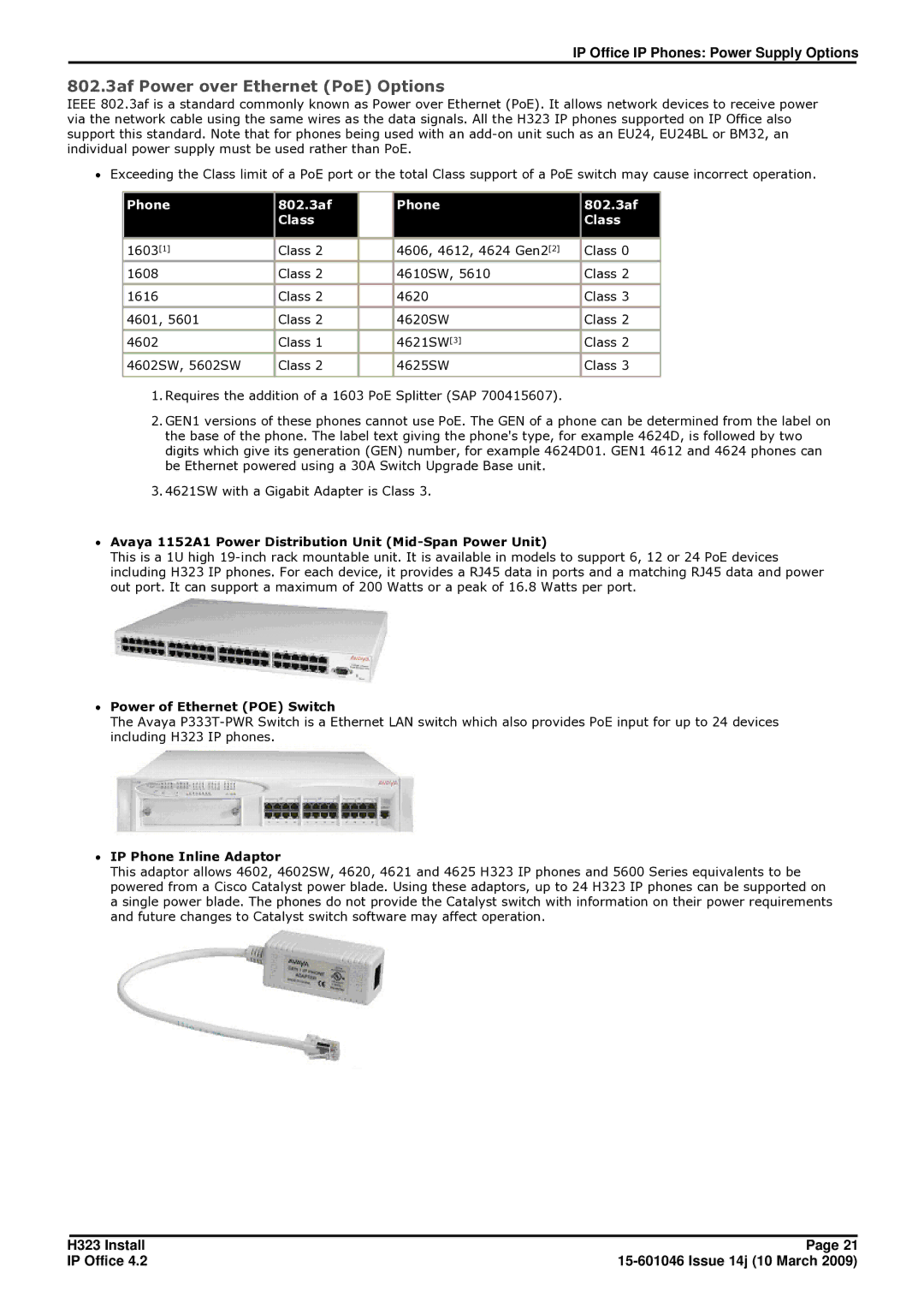 Avaya 4.2 manual 802.3af Power over Ethernet PoE Options, Phone 802.3af Class, ∙ Power of Ethernet POE Switch 