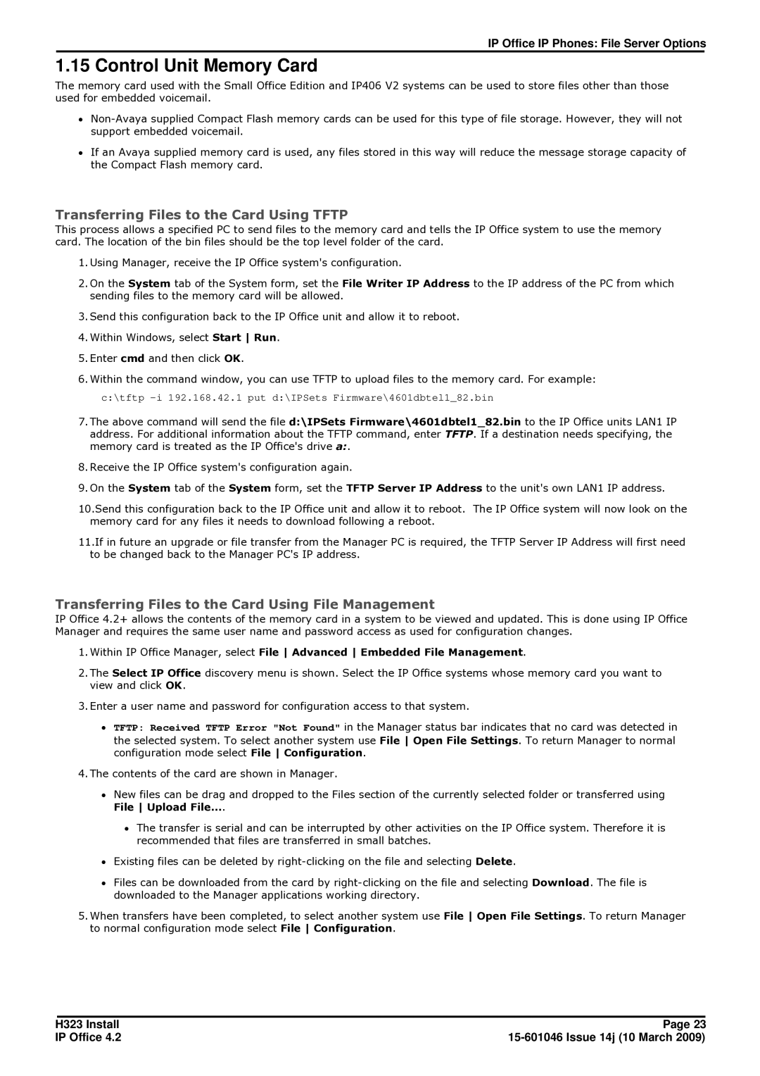 Avaya 4.2 manual Control Unit Memory Card, Transferring Files to the Card Using Tftp 