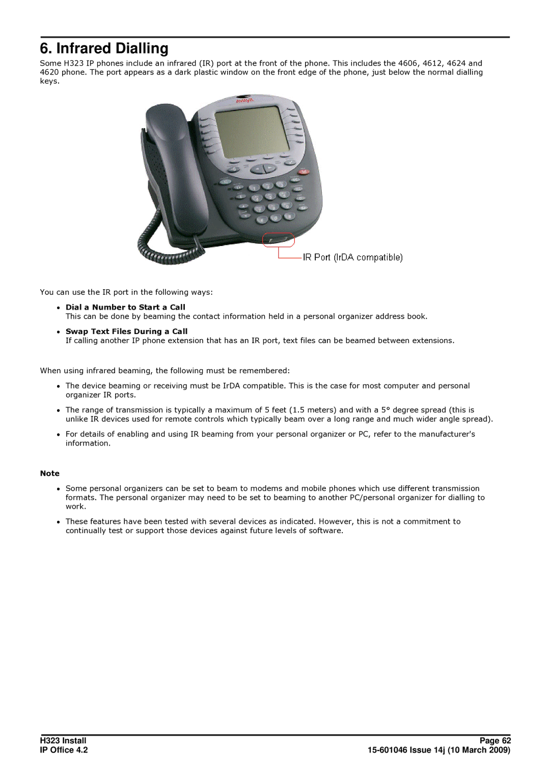 Avaya 4.2 manual Infrared Dialling, ∙ Dial a Number to Start a Call, ∙ Swap Text Files During a Call 