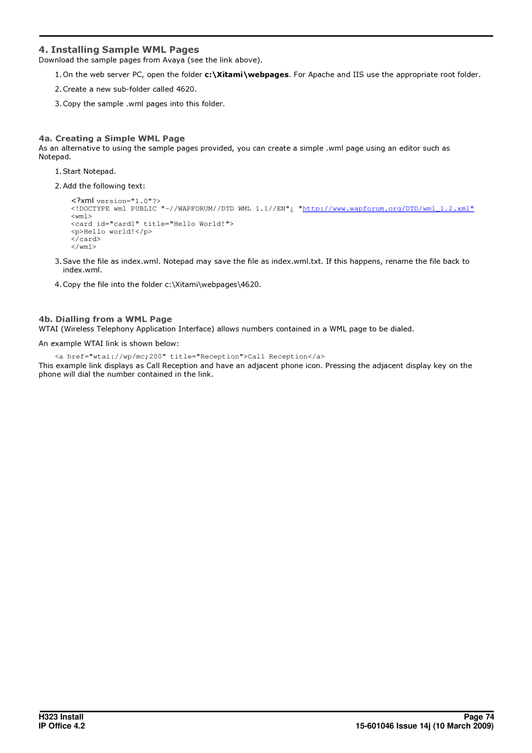 Avaya 4.2 manual Installing Sample WML Pages, 4a. Creating a Simple WML 