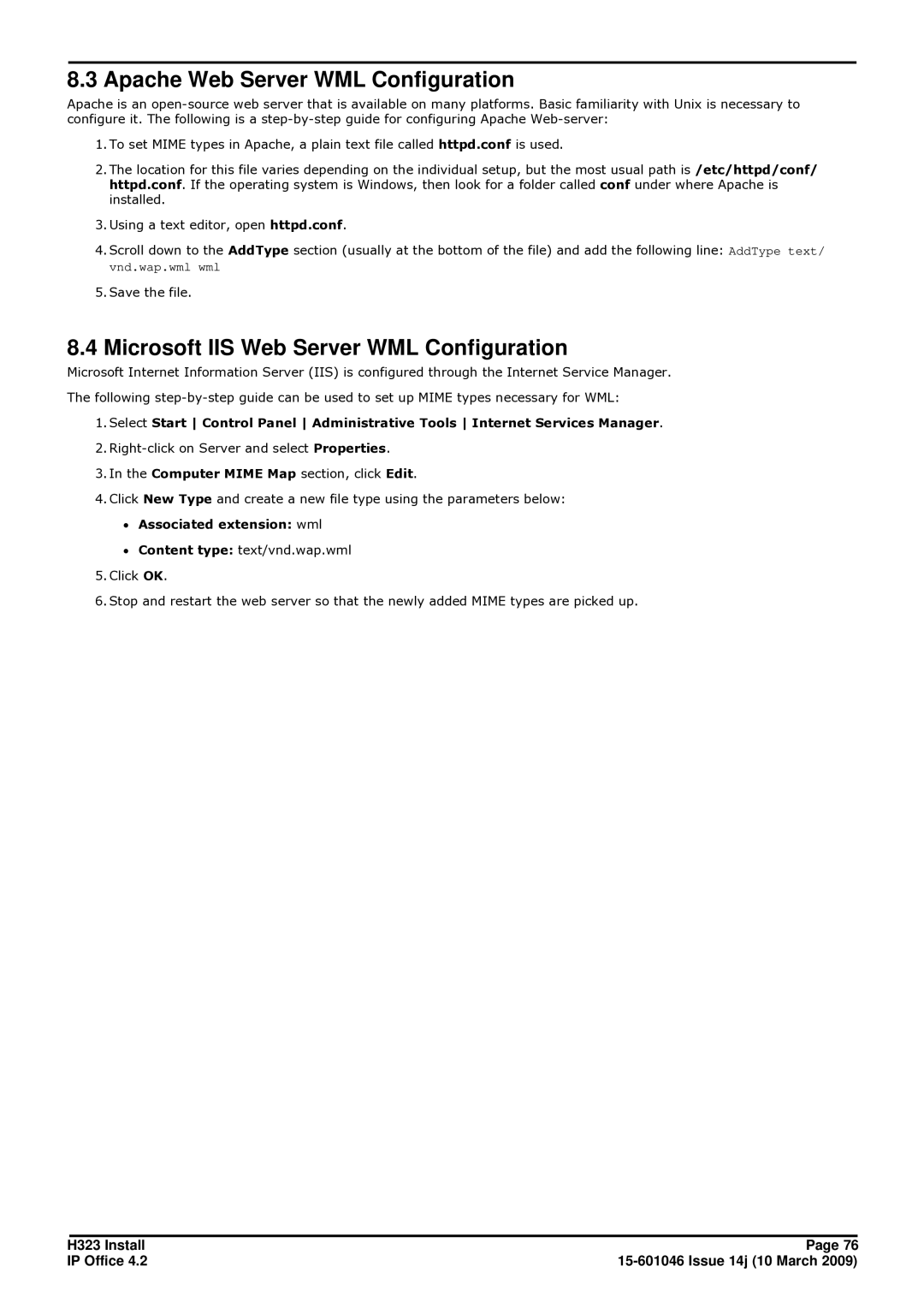 Avaya 4.2 Apache Web Server WML Configuration, Microsoft IIS Web Server WML Configuration, ∙ Associated extension wml 