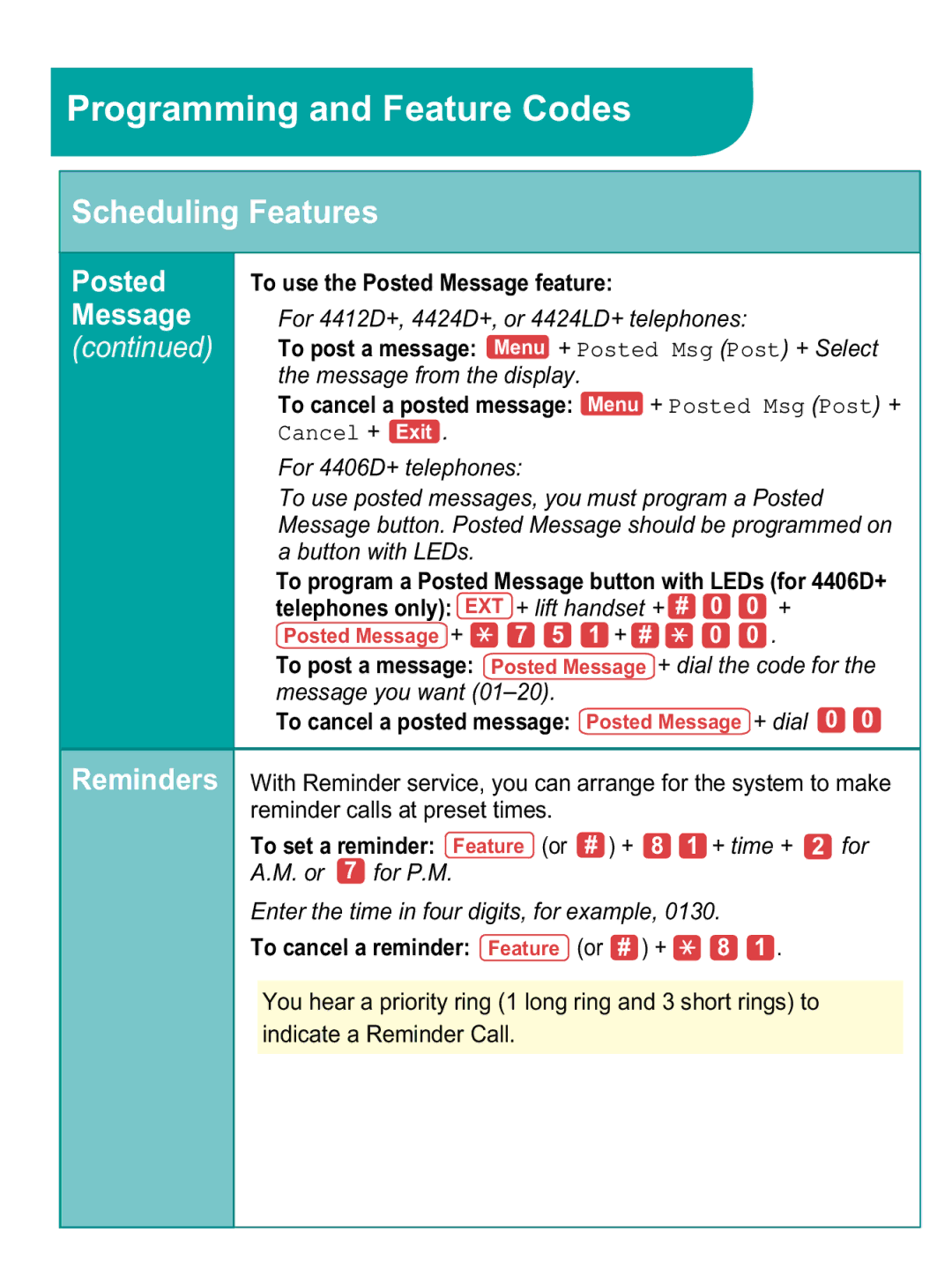 Avaya 4406D+, 4412D+, 4424D+, 4424LD+ manual Posted, Message, To cancel a reminder Feature or # + 