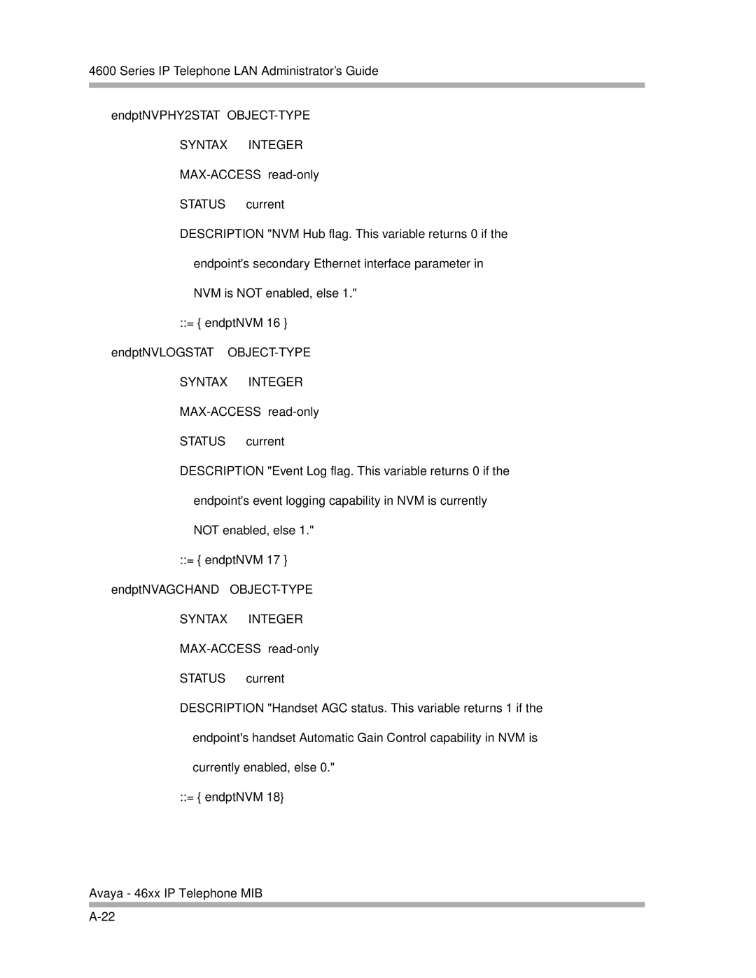 Avaya 4600 Series manual Syntax Integer 