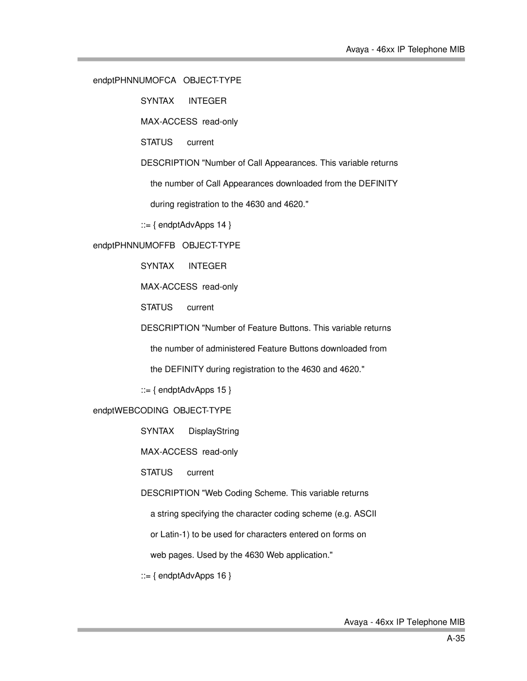 Avaya 4600 Series manual Syntax Integer 