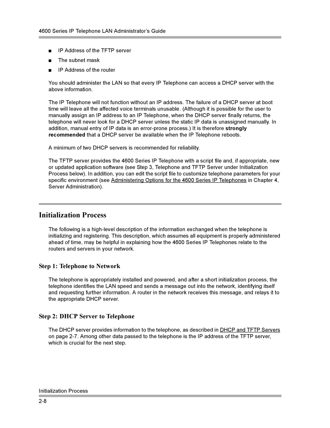 Avaya 4600 Series manual Initialization Process, Telephone to Network, Dhcp Server to Telephone 