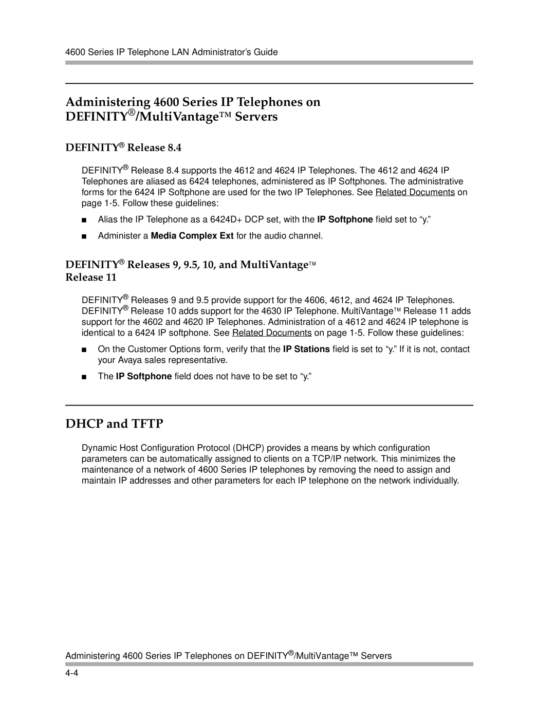 Avaya 4600 Series manual Dhcp and Tftp, Definity Releases 9, 9.5, 10, and MultiVantageTM 
