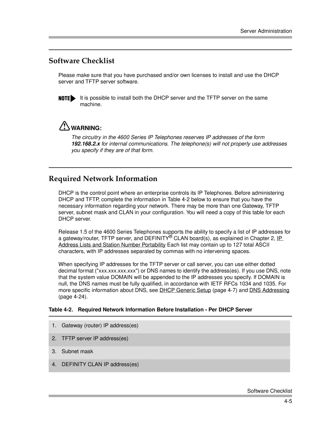 Avaya 4600 Series manual Software Checklist, Required Network Information 