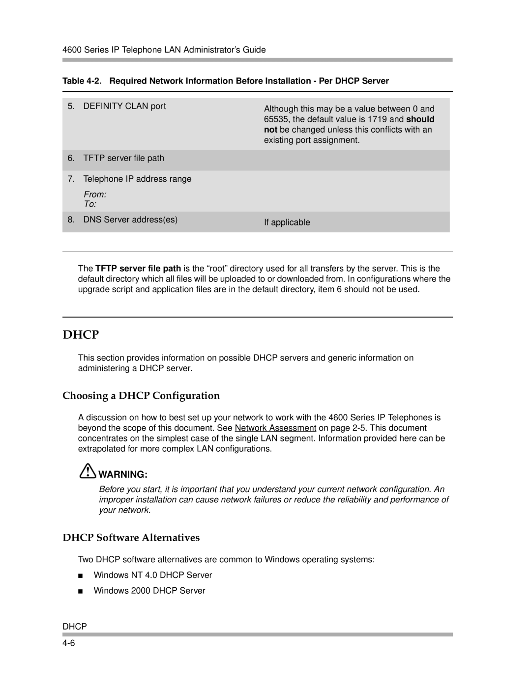 Avaya 4600 Series manual Choosing a Dhcp Configuration, Dhcp Software Alternatives 