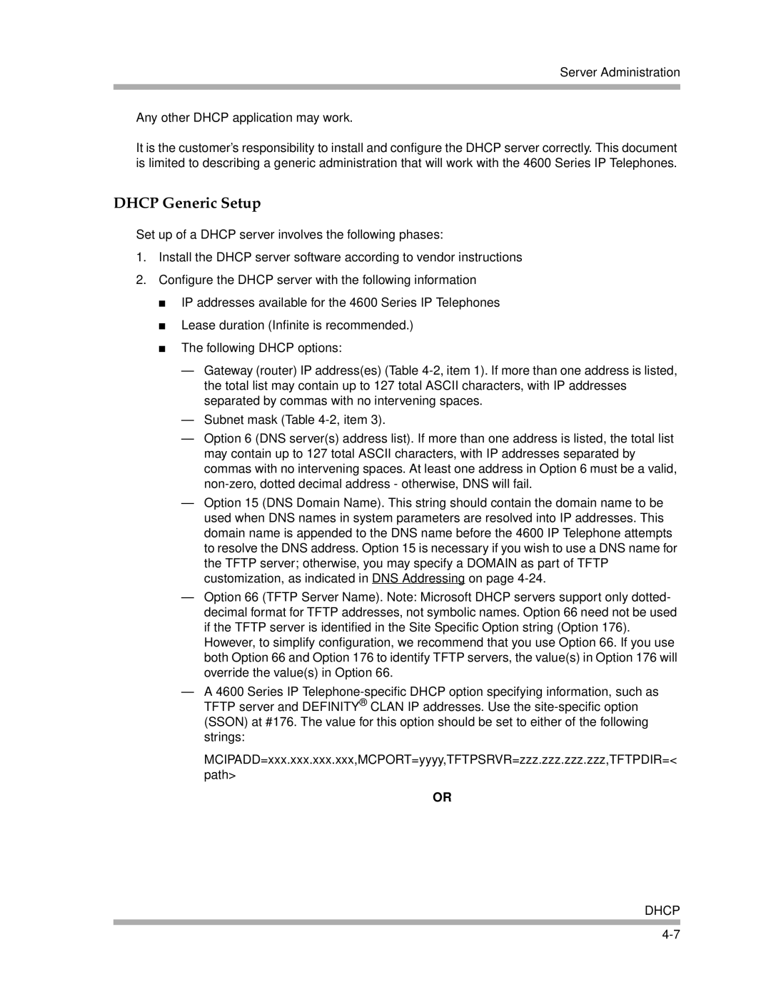 Avaya 4600 Series manual Dhcp Generic Setup 