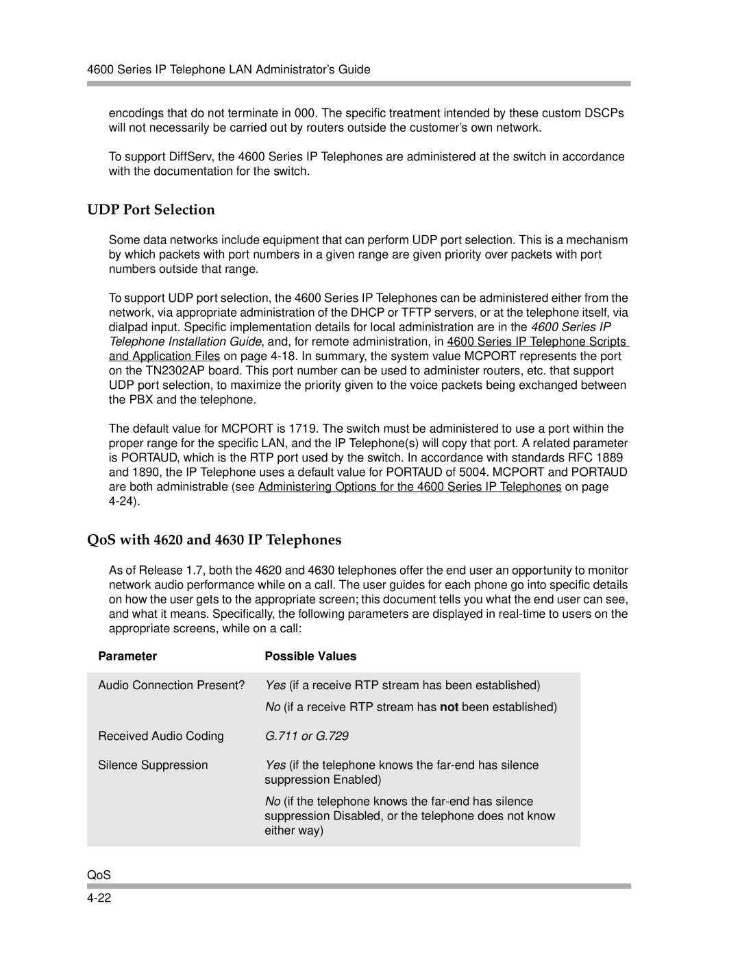 Avaya 4600 Series manual UDP Port Selection, QoS with 4620 and 4630 IP Telephones, Parameter Possible Values 