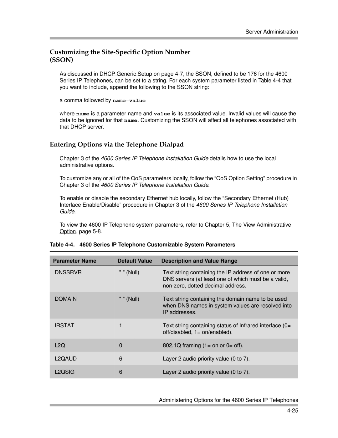 Avaya 4600 Series manual Customizing the Site-Specific Option Number Sson, Entering Options via the Telephone Dialpad 