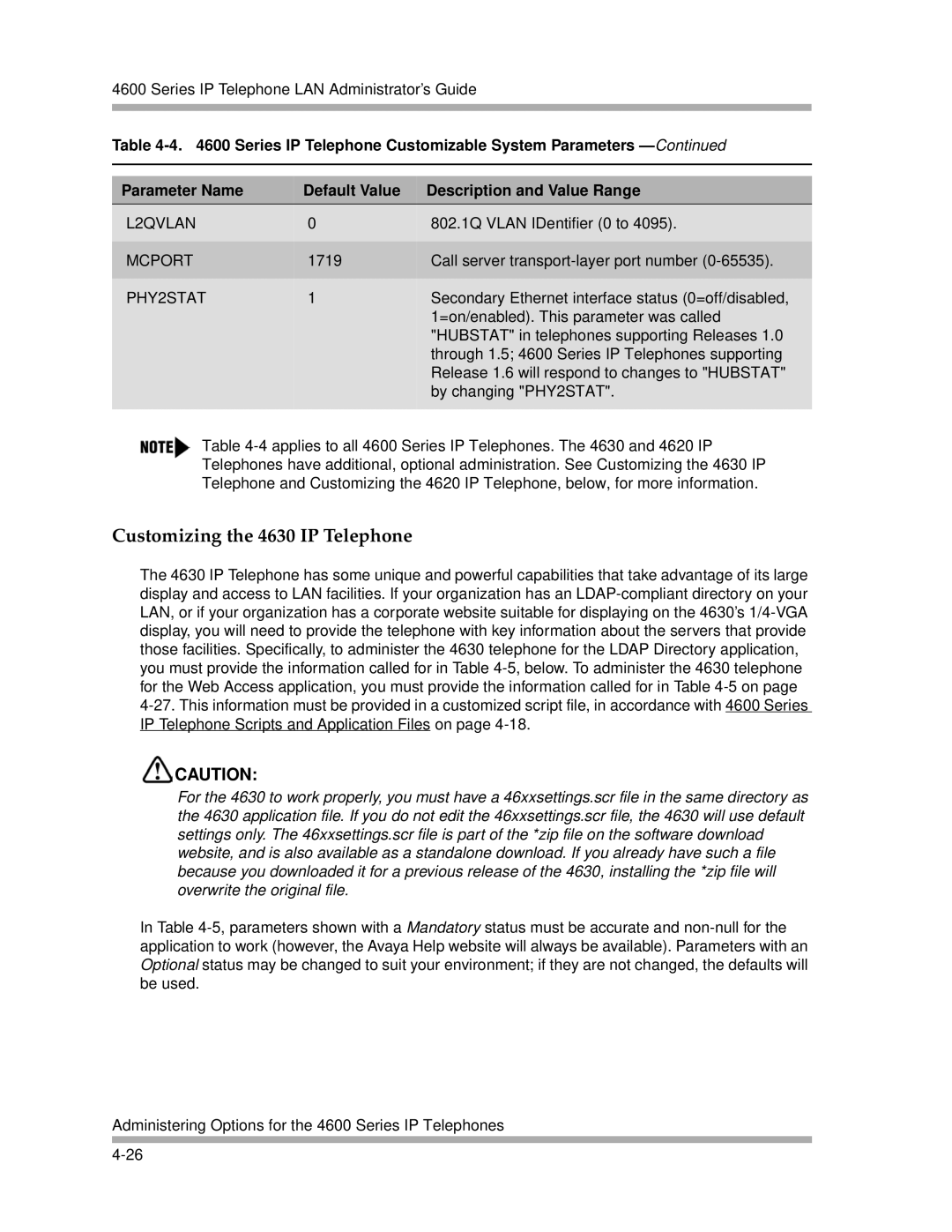 Avaya 4600 Series manual Customizing the 4630 IP Telephone, L2QVLAN, Mcport, PHY2STAT 