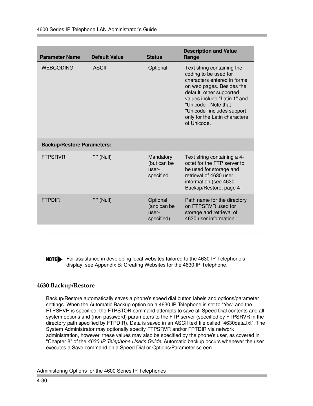 Avaya 4600 Series manual Webcoding Ascii, Backup/Restore Parameters, Ftpsrvr, Ftpdir 