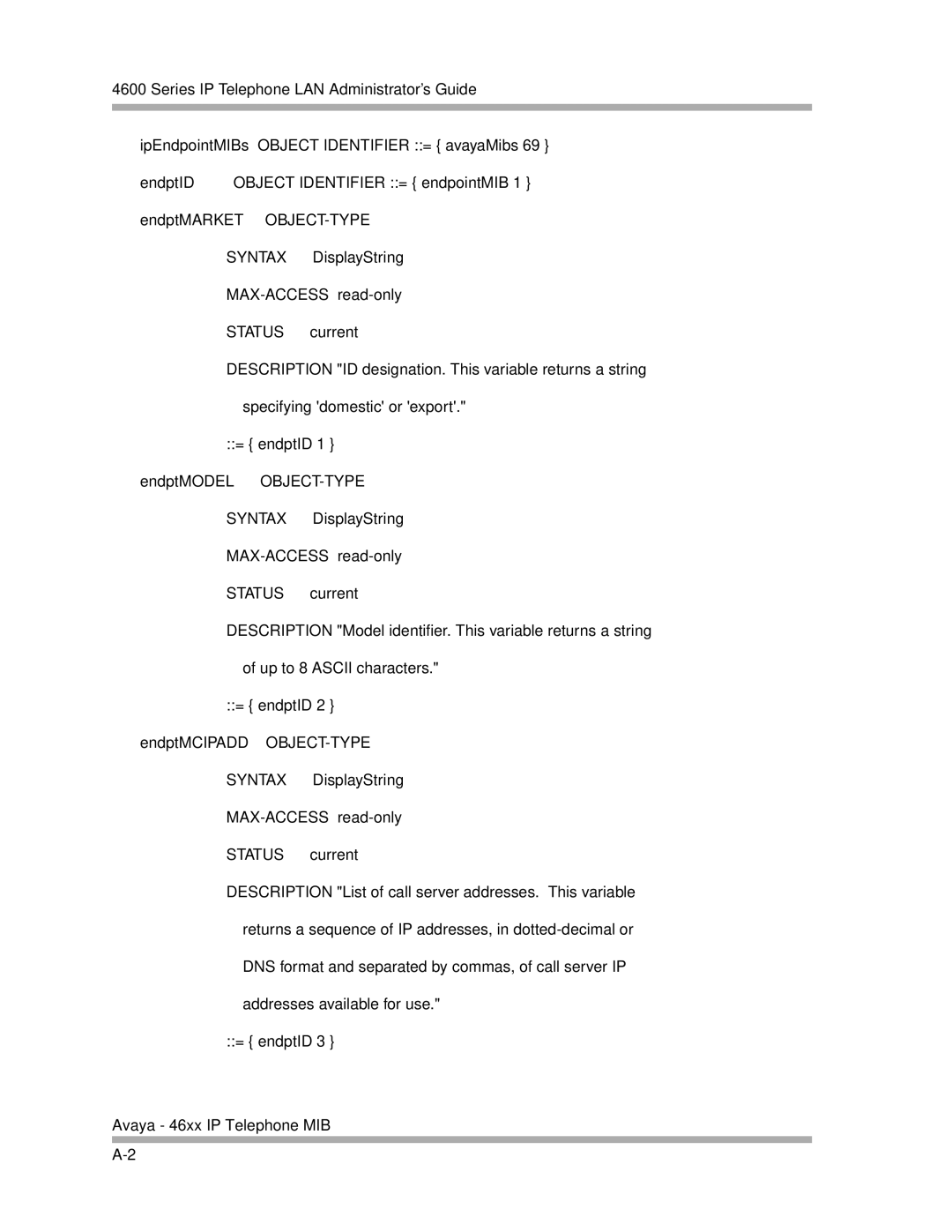 Avaya 4600 Series manual Object-Type, Syntax, Status 