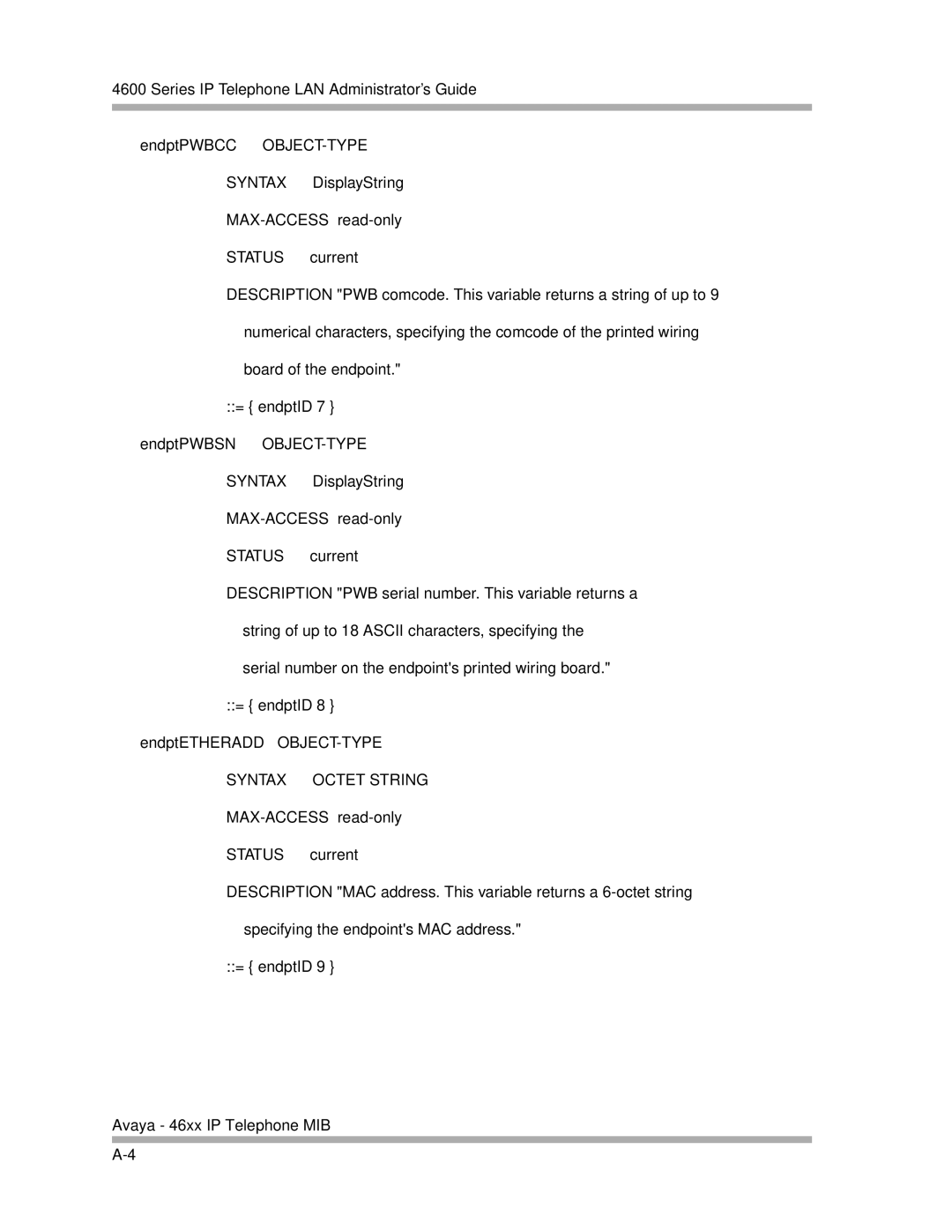 Avaya 4600 Series manual Syntax Octet String 