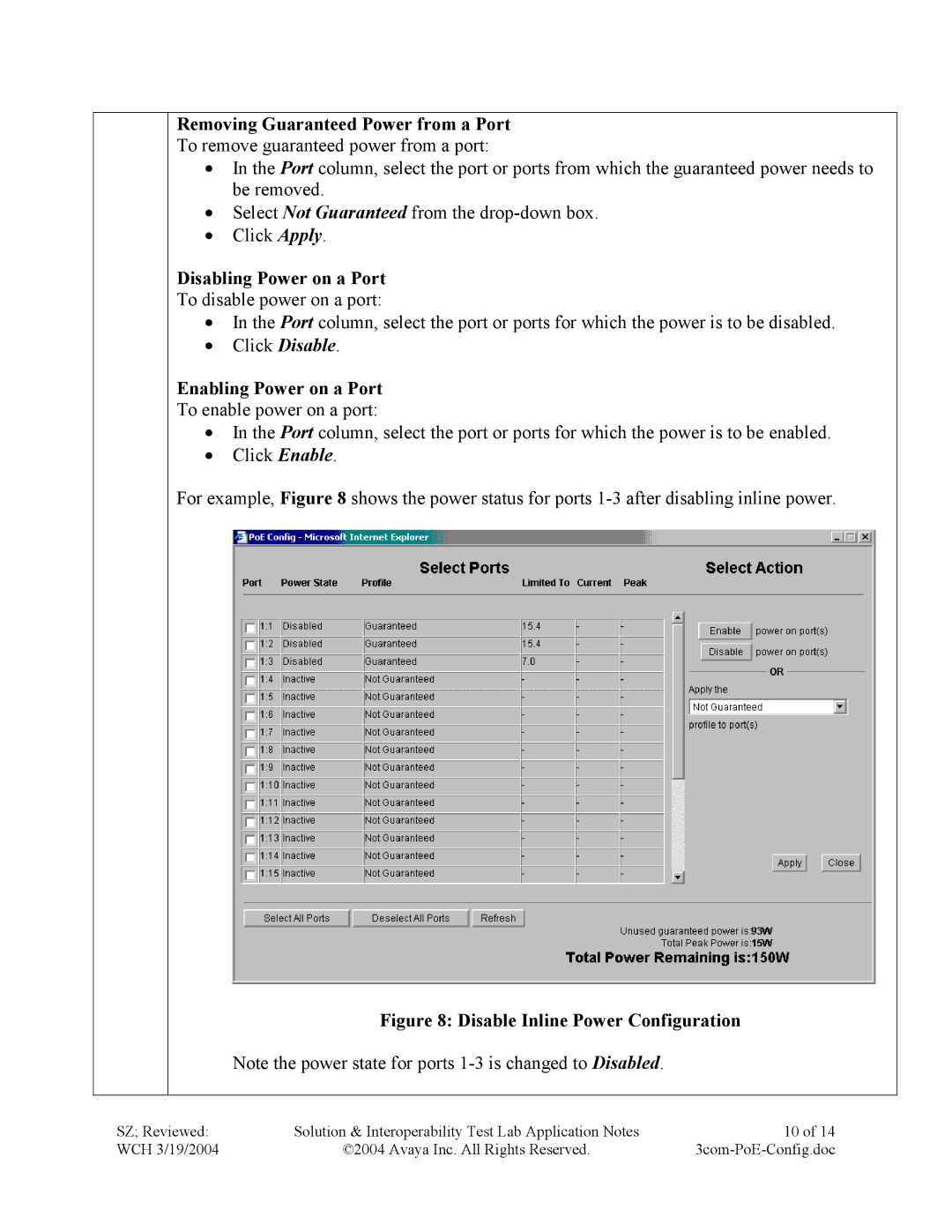 Avaya 4600 manual Removing Guaranteed Power from a Port, Disabling Power on a Port, Enabling Power on a Port 