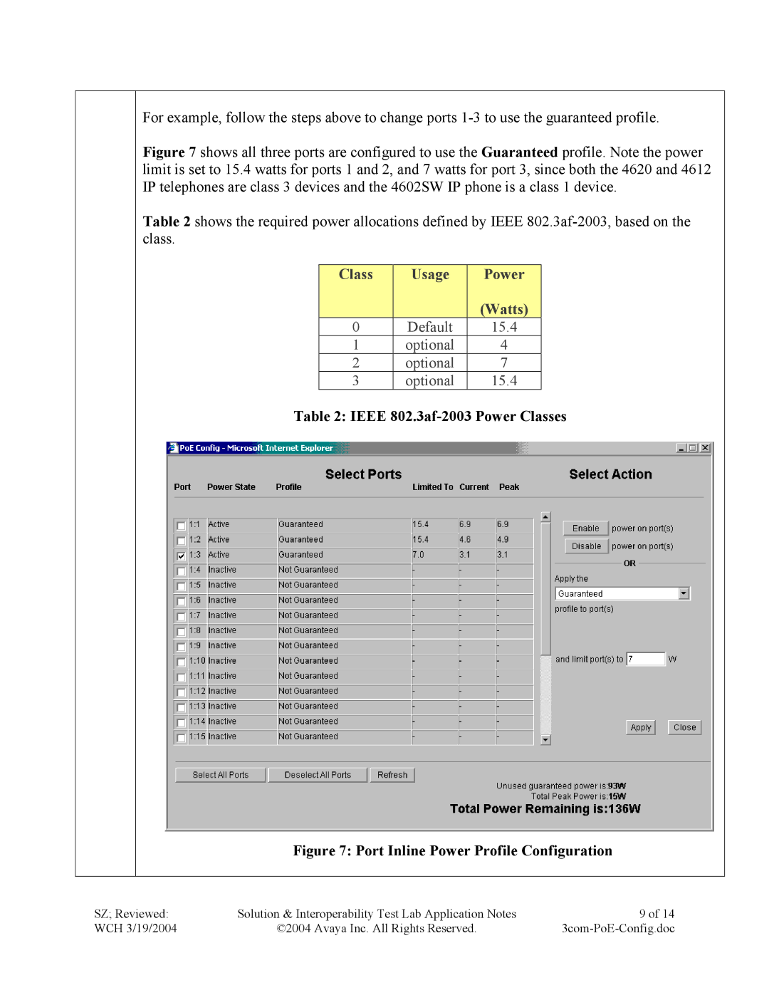 Avaya 4600 manual Ieee 802.3af-2003 Power Classes, Port Inline Power Profile Configuration 