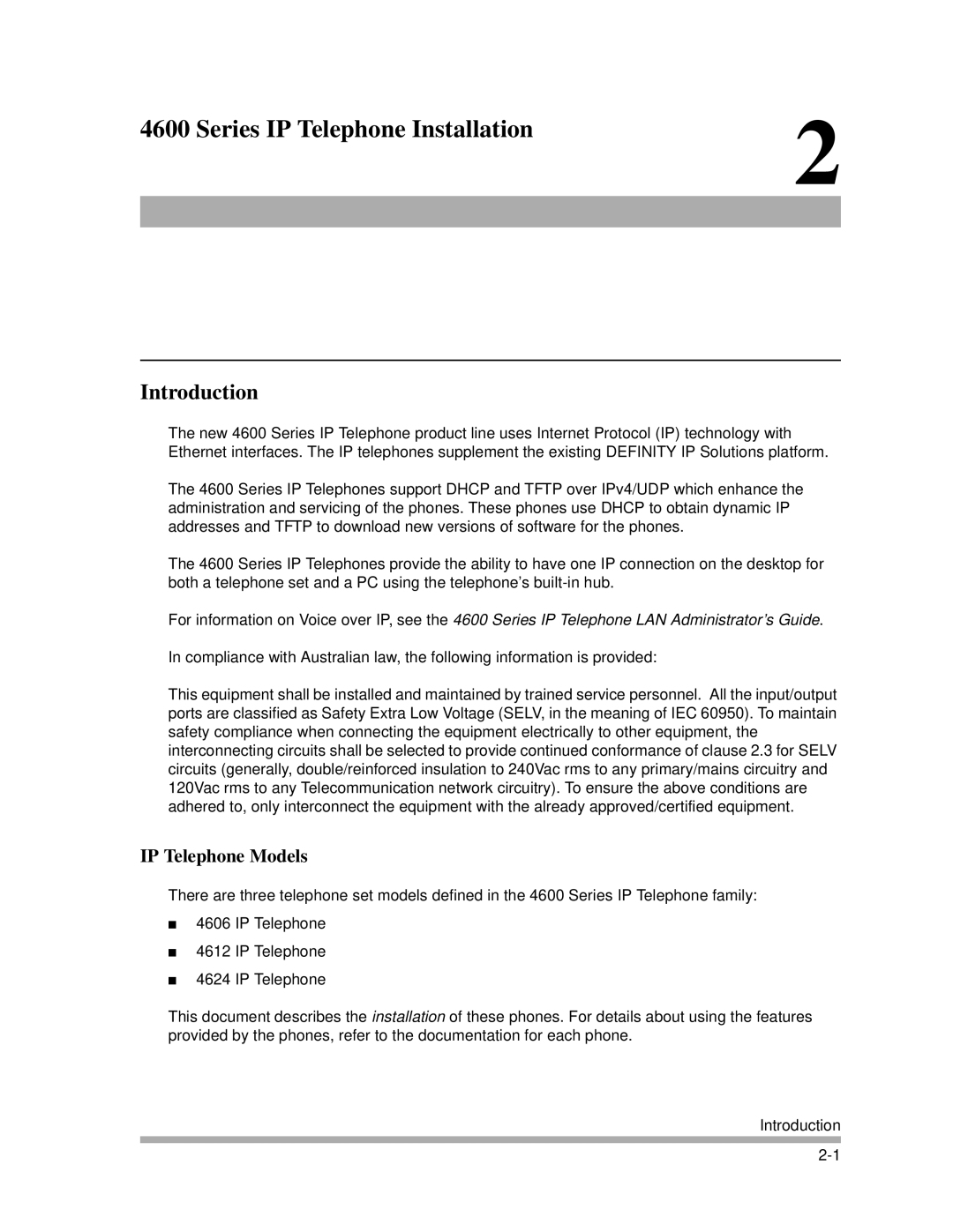 Avaya 4600 manual Series IP Telephone Installation, Introduction, IP Telephone Models 