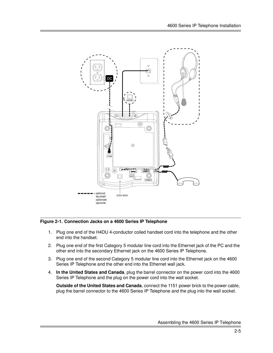 Avaya manual Connection Jacks on a 4600 Series IP Telephone 