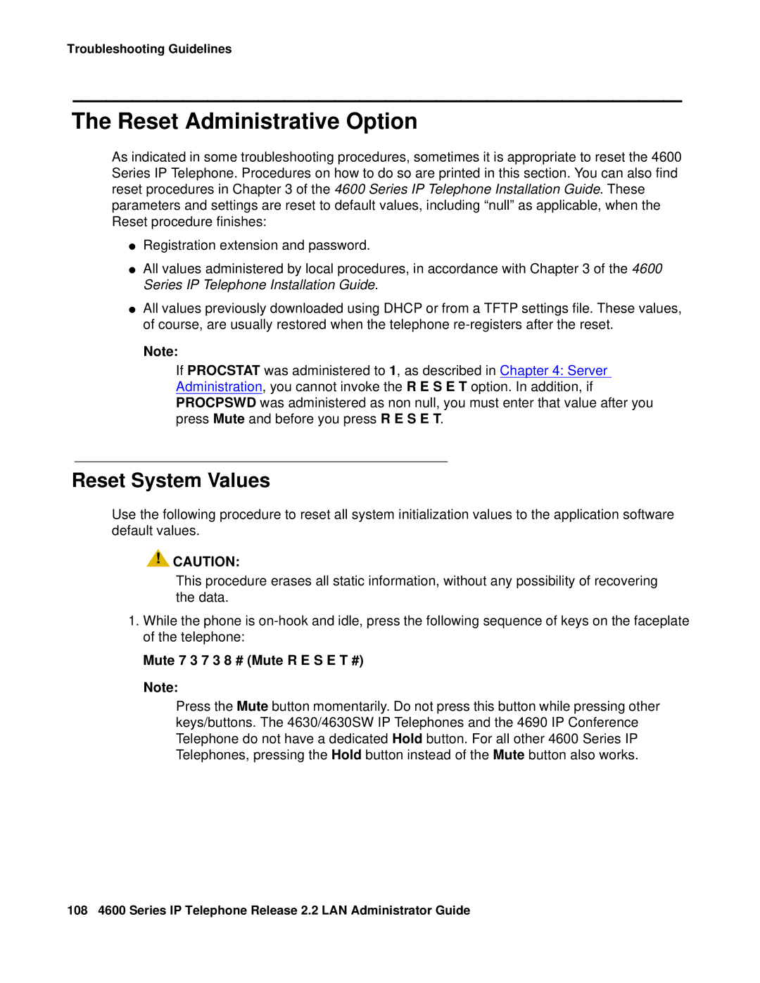 Avaya 4600 manual Reset Administrative Option, Reset System Values, Mute 7 3 7 3 8 # Mute R E S E T # 