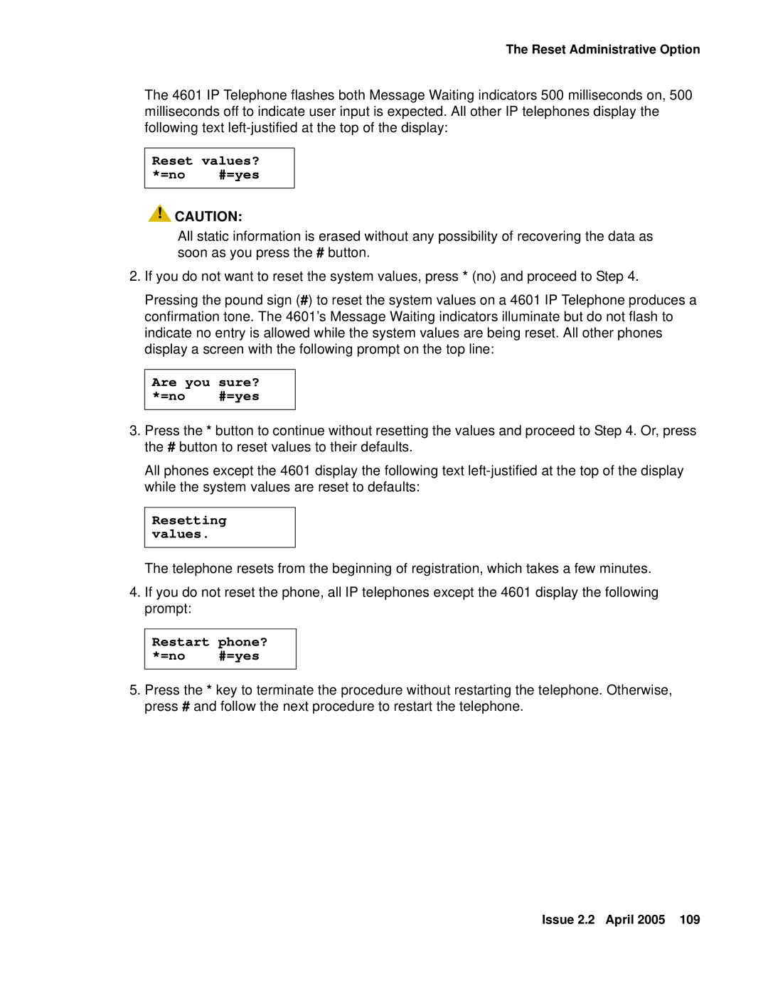 Avaya 4600 manual Reset values? =no #=yes 