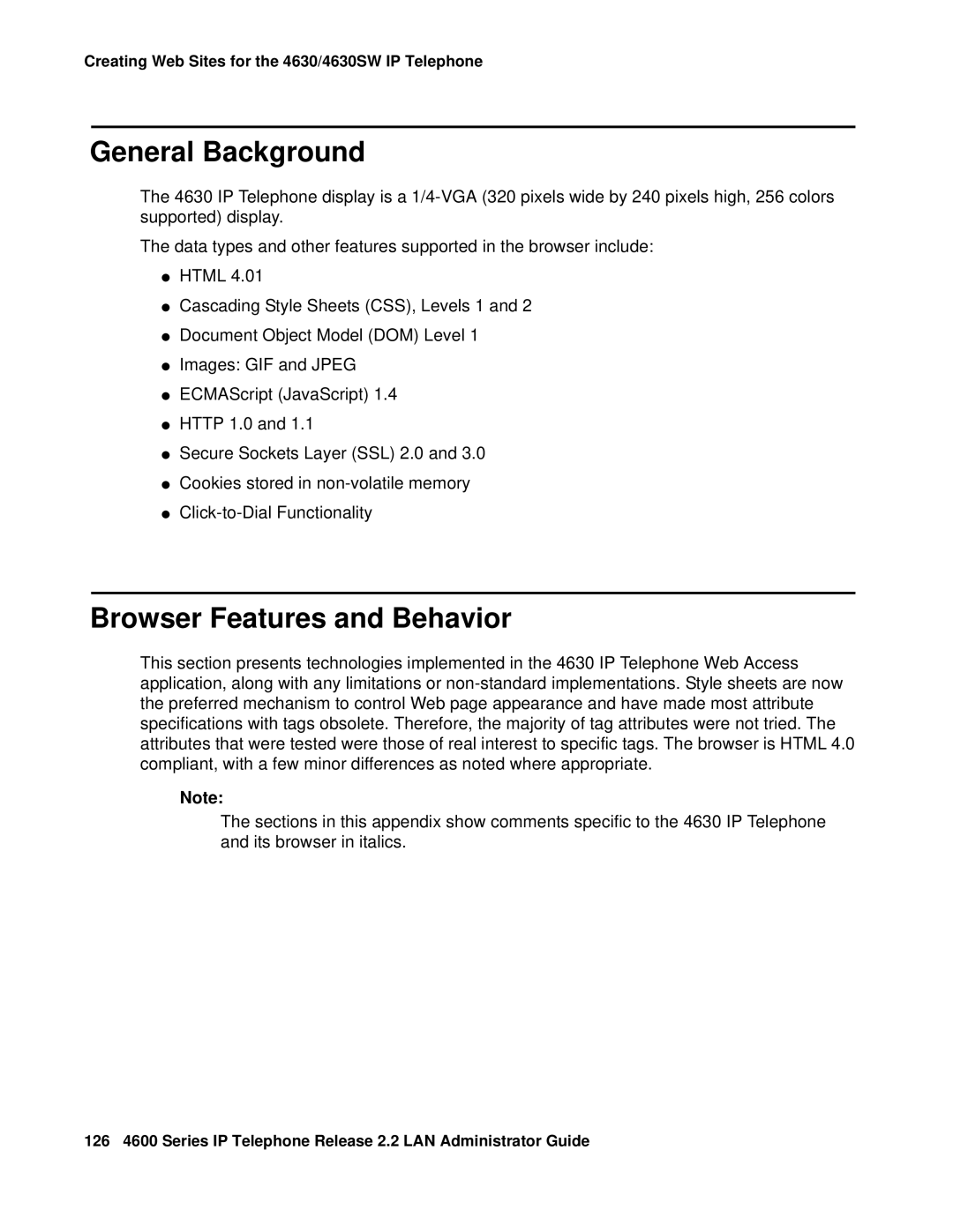 Avaya 4600 manual General Background, Browser Features and Behavior 