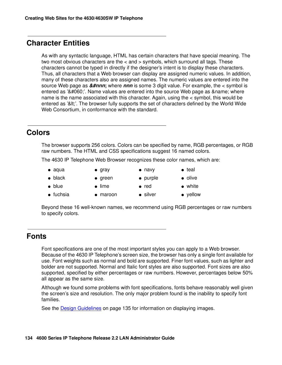 Avaya 4600 manual Character Entities, Colors, Fonts 