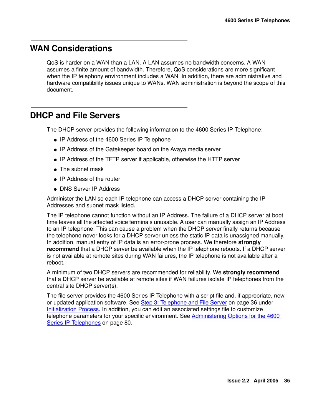 Avaya 4600 manual WAN Considerations, Dhcp and File Servers 