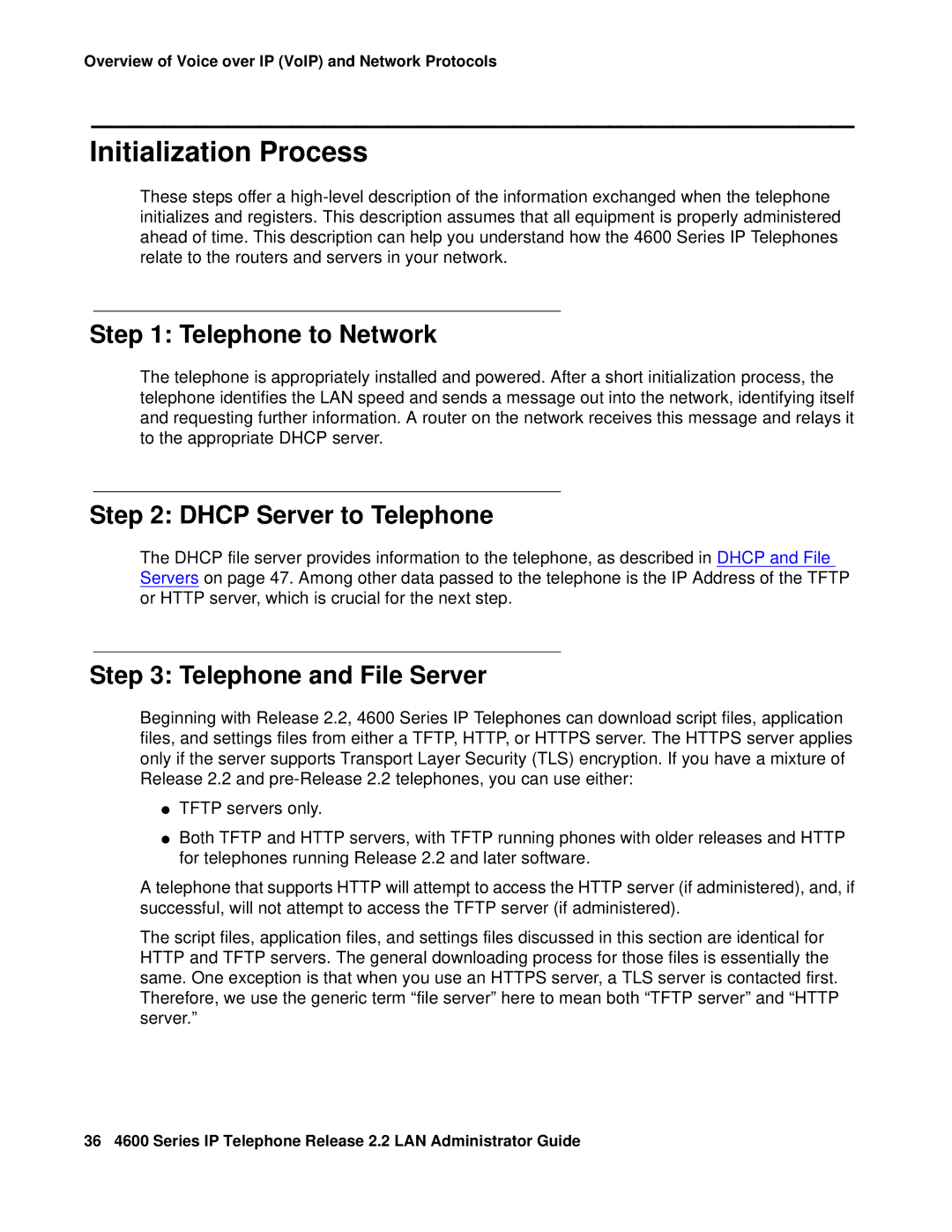 Avaya 4600 manual Initialization Process, Telephone to Network, Dhcp Server to Telephone, Telephone and File Server 