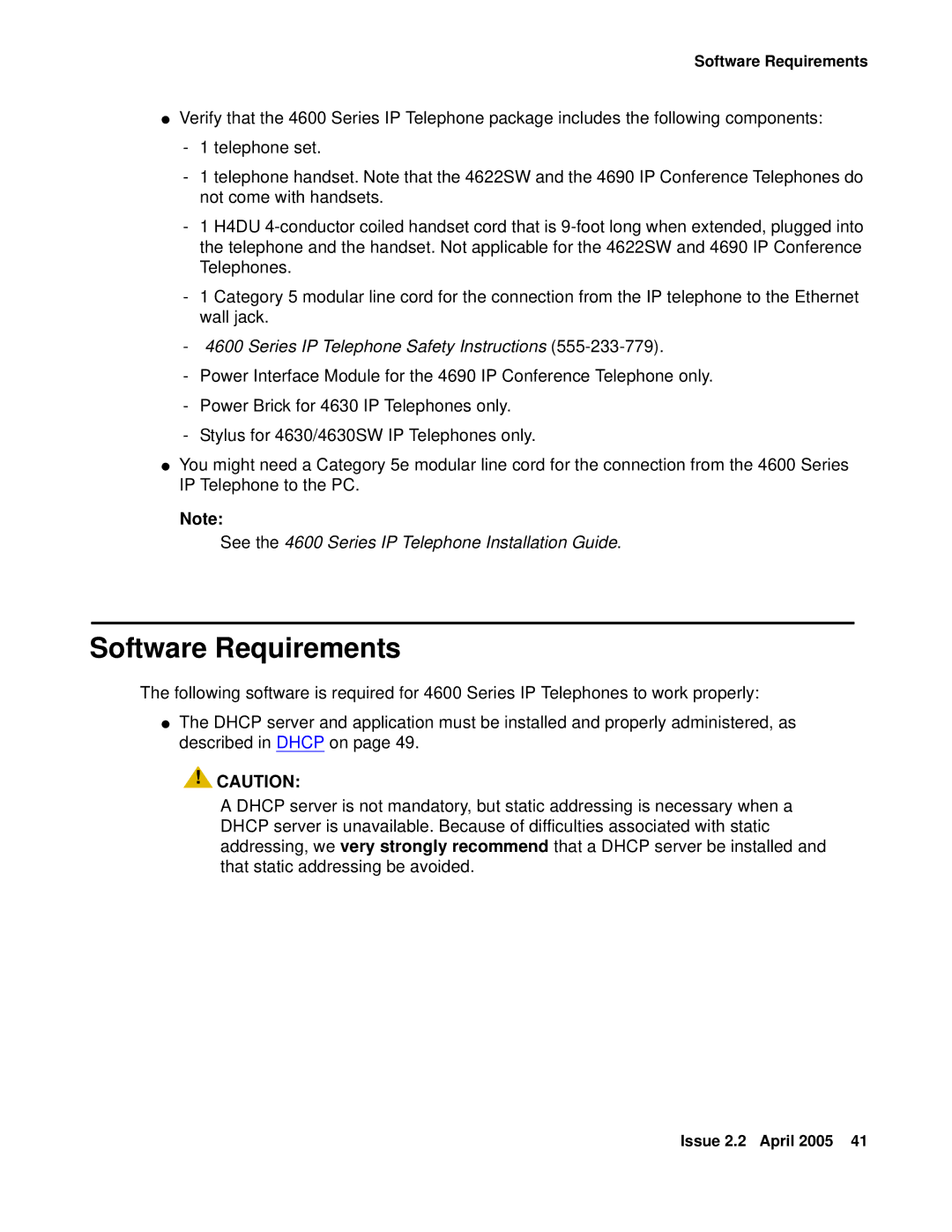 Avaya 4600 manual Software Requirements, Series IP Telephone Safety Instructions 