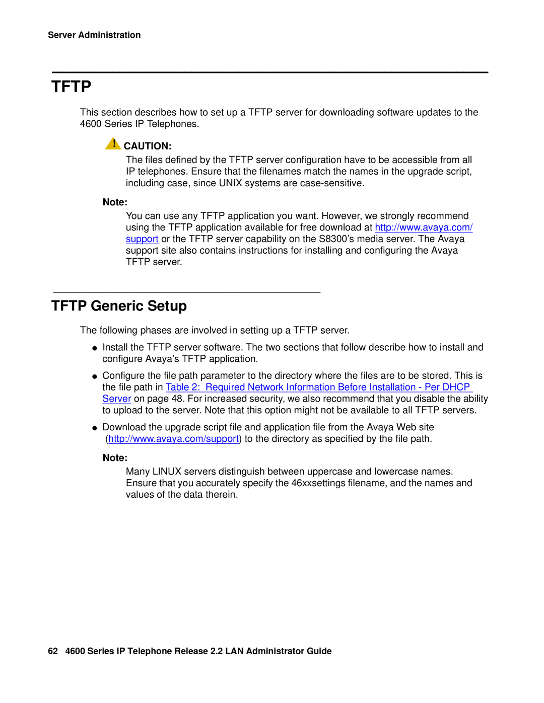 Avaya 4600 manual Tftp Generic Setup 