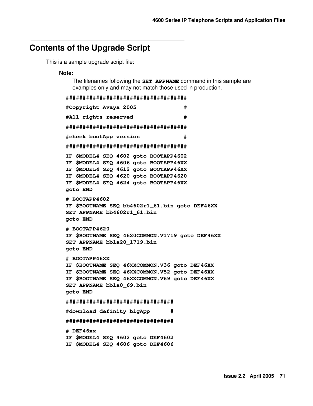 Avaya 4600 manual Contents of the Upgrade Script 