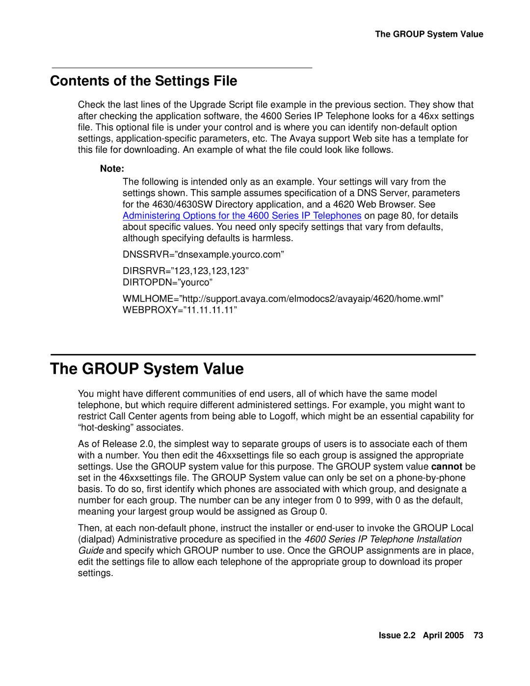 Avaya 4600 manual Group System Value, Contents of the Settings File 