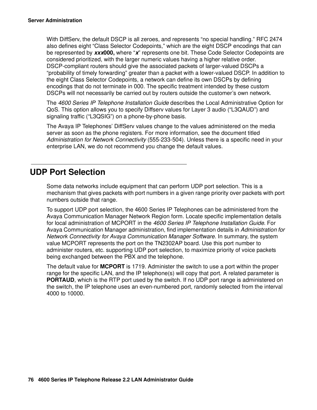 Avaya 4600 manual UDP Port Selection 