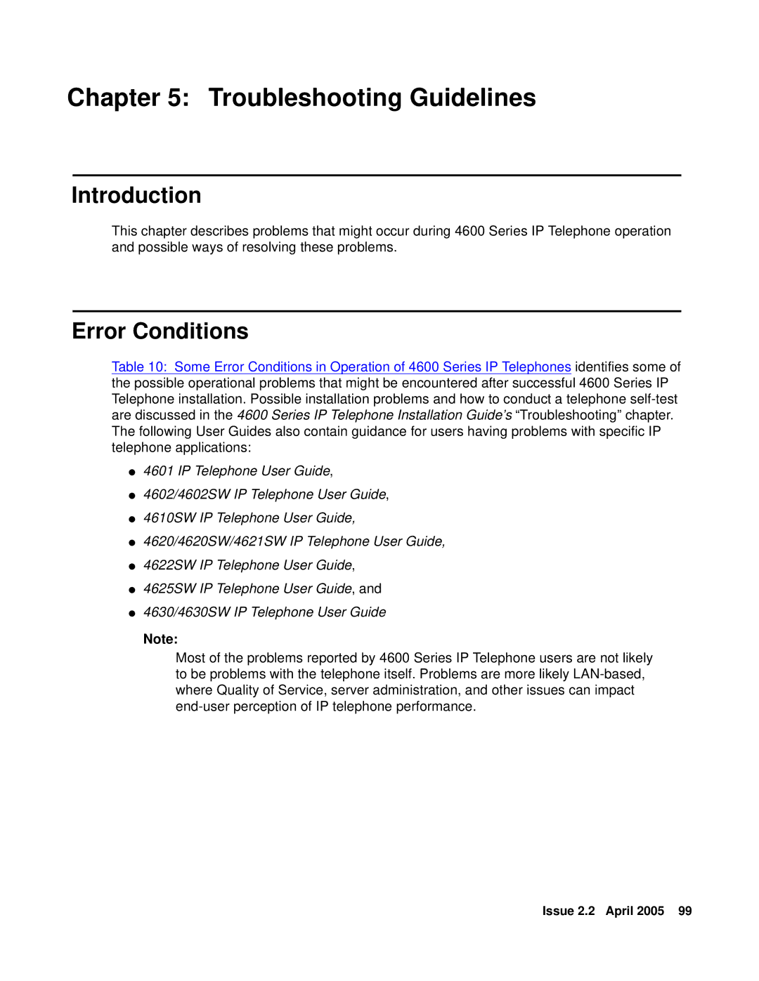 Avaya 4600 manual Troubleshooting Guidelines, Error Conditions 