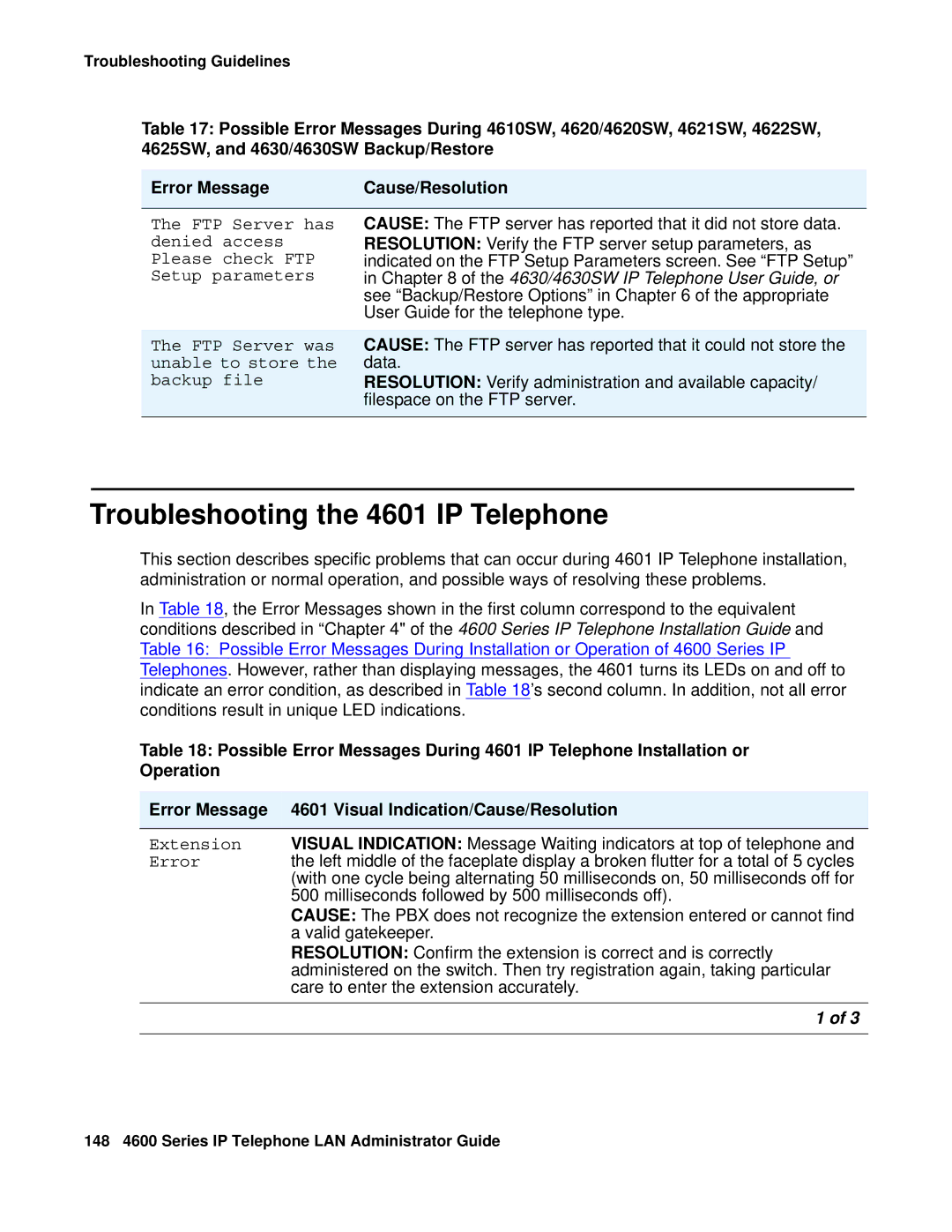 Avaya 4600 manual Troubleshooting the 4601 IP Telephone, 4630/4630SW IP Telephone User Guide, or 