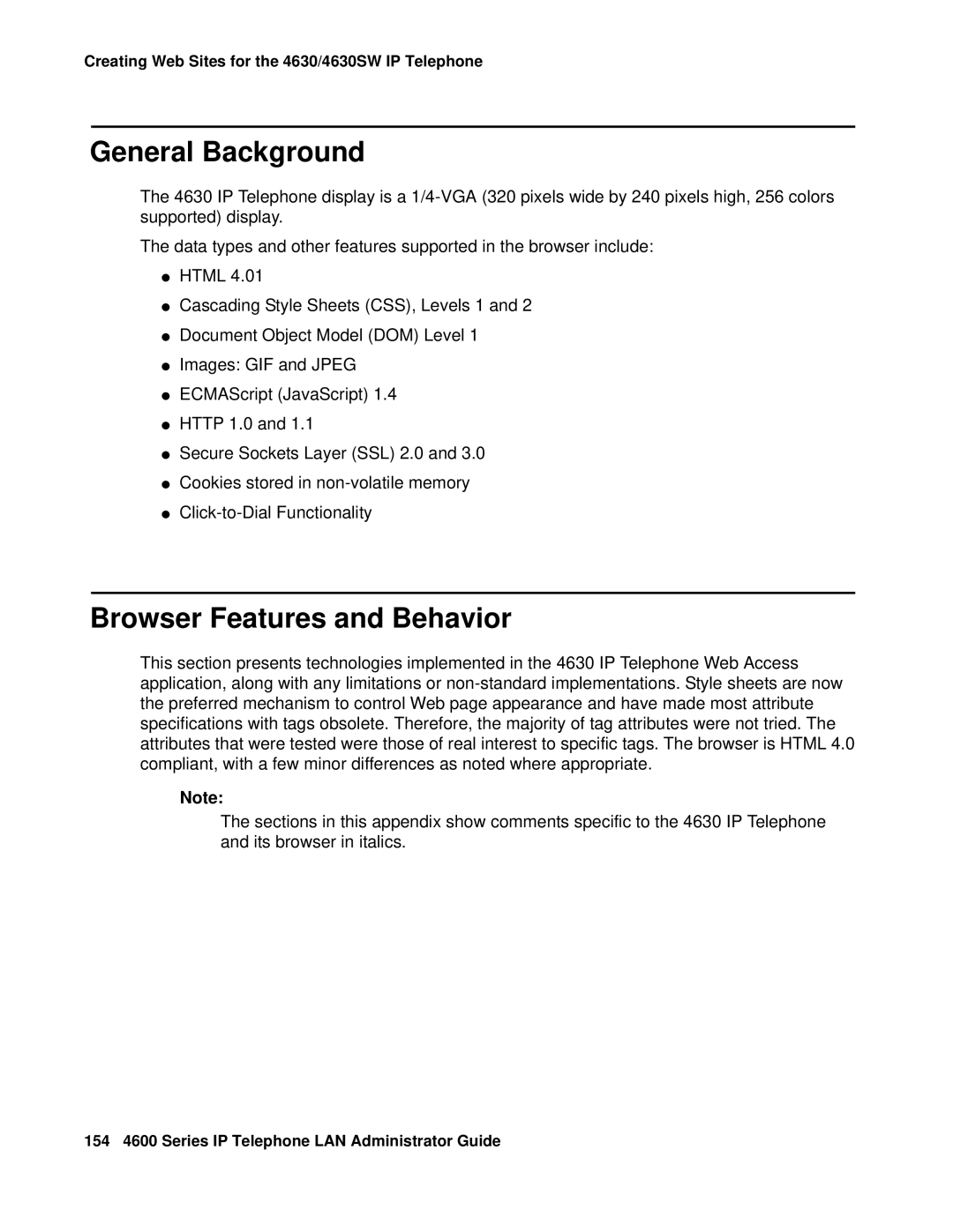 Avaya 4600 manual General Background, Browser Features and Behavior 