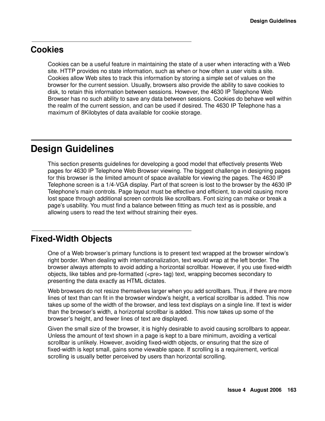 Avaya 4600 manual Design Guidelines, Cookies, Fixed-Width Objects 