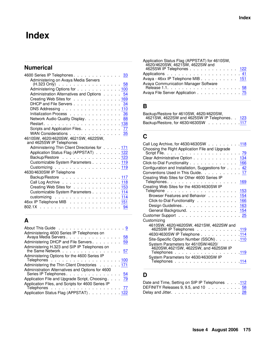 Avaya 4600 manual Index 