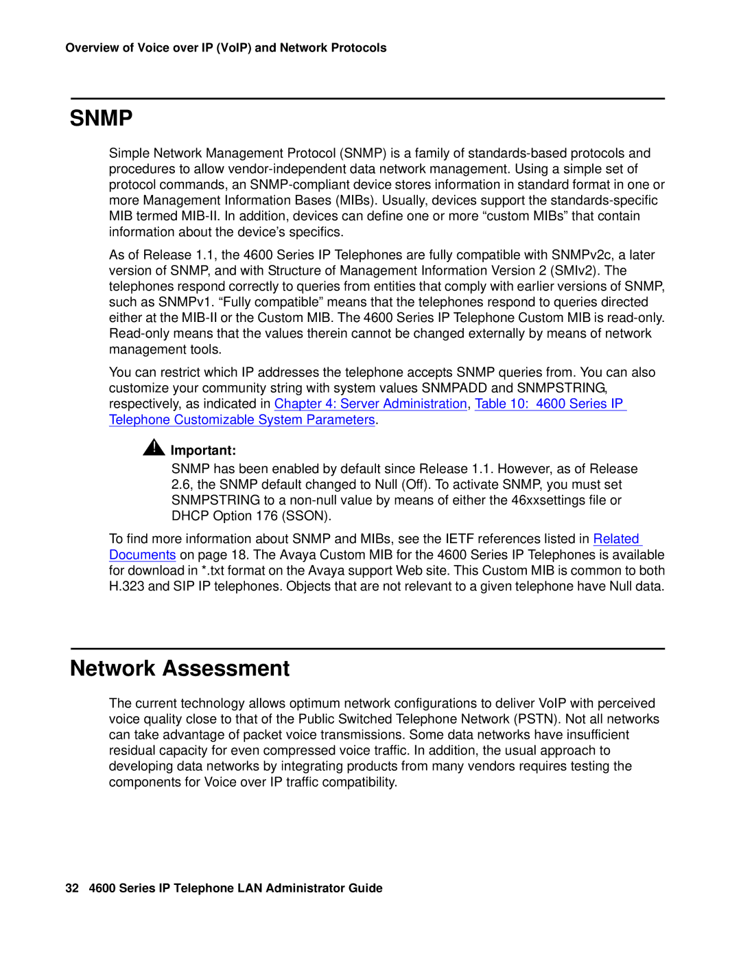 Avaya 4600 manual Snmp, Network Assessment 